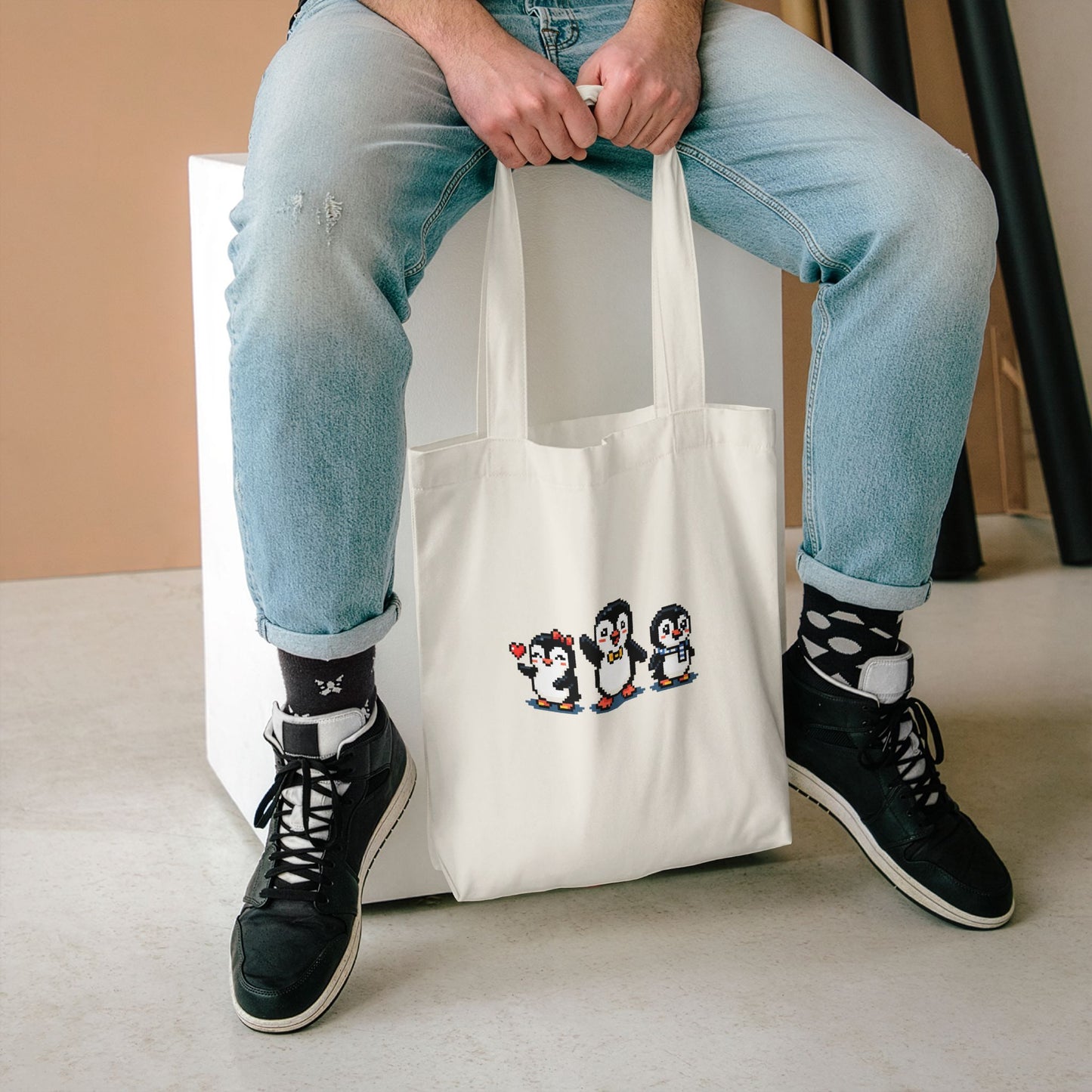Penguin Trio Cotton Tote Bag — Cute Cross-Stitch Style Animal Market Bag