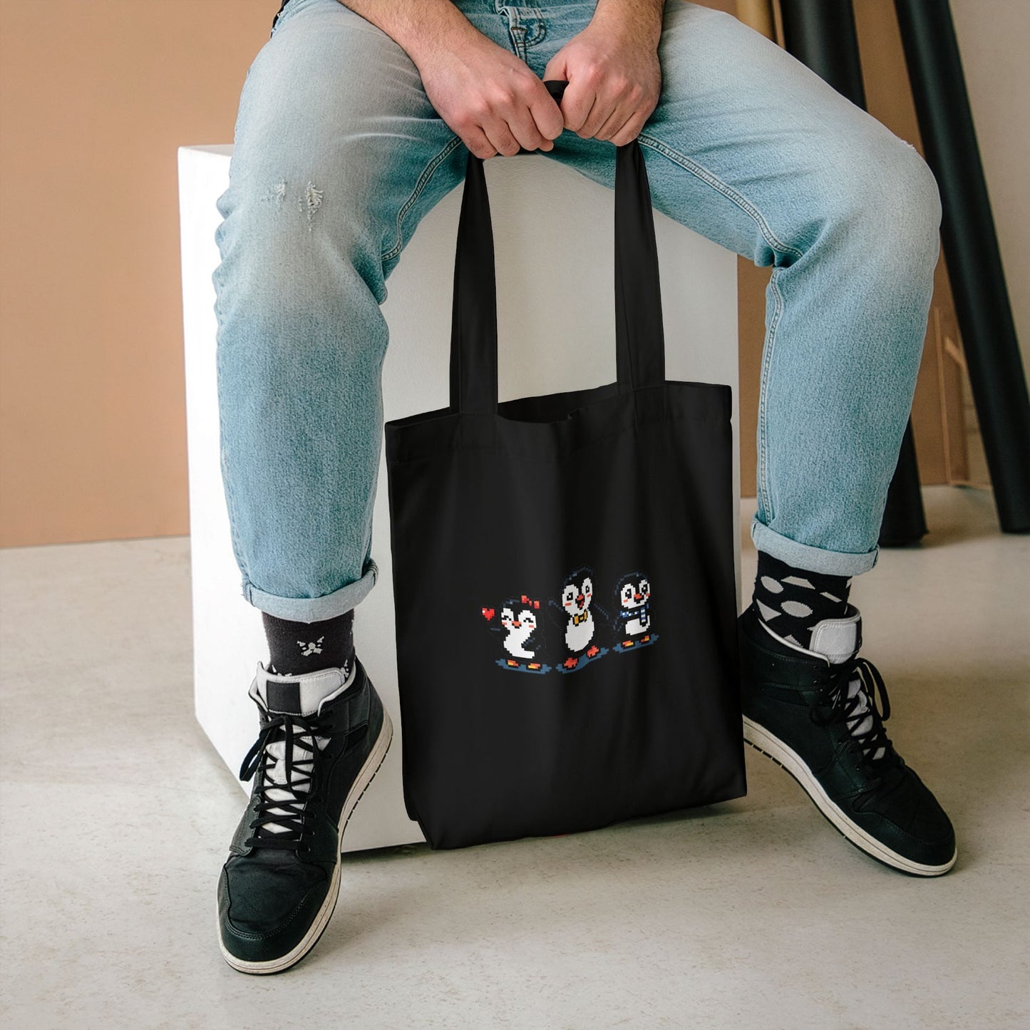 Penguin Trio Cotton Tote Bag — Cute Cross-Stitch Style Animal Market Bag