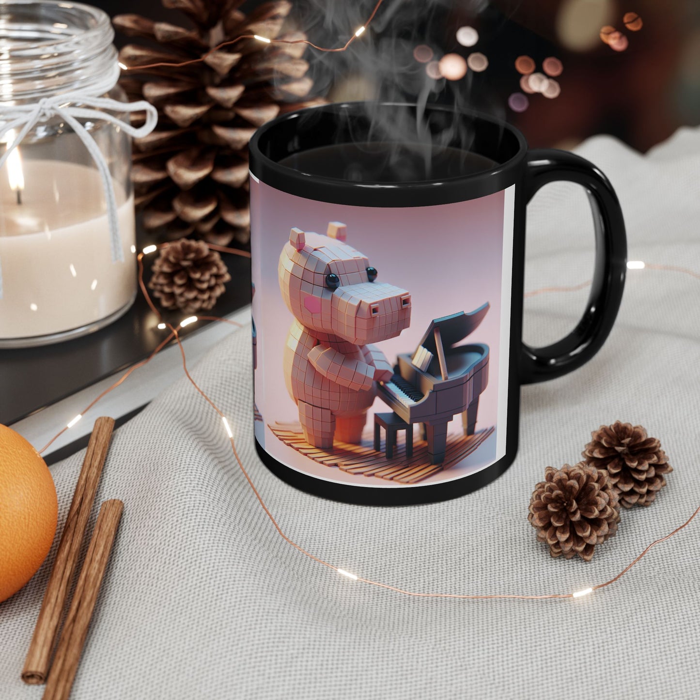 Cute Piano Bear Black Mug - 11oz & 15oz