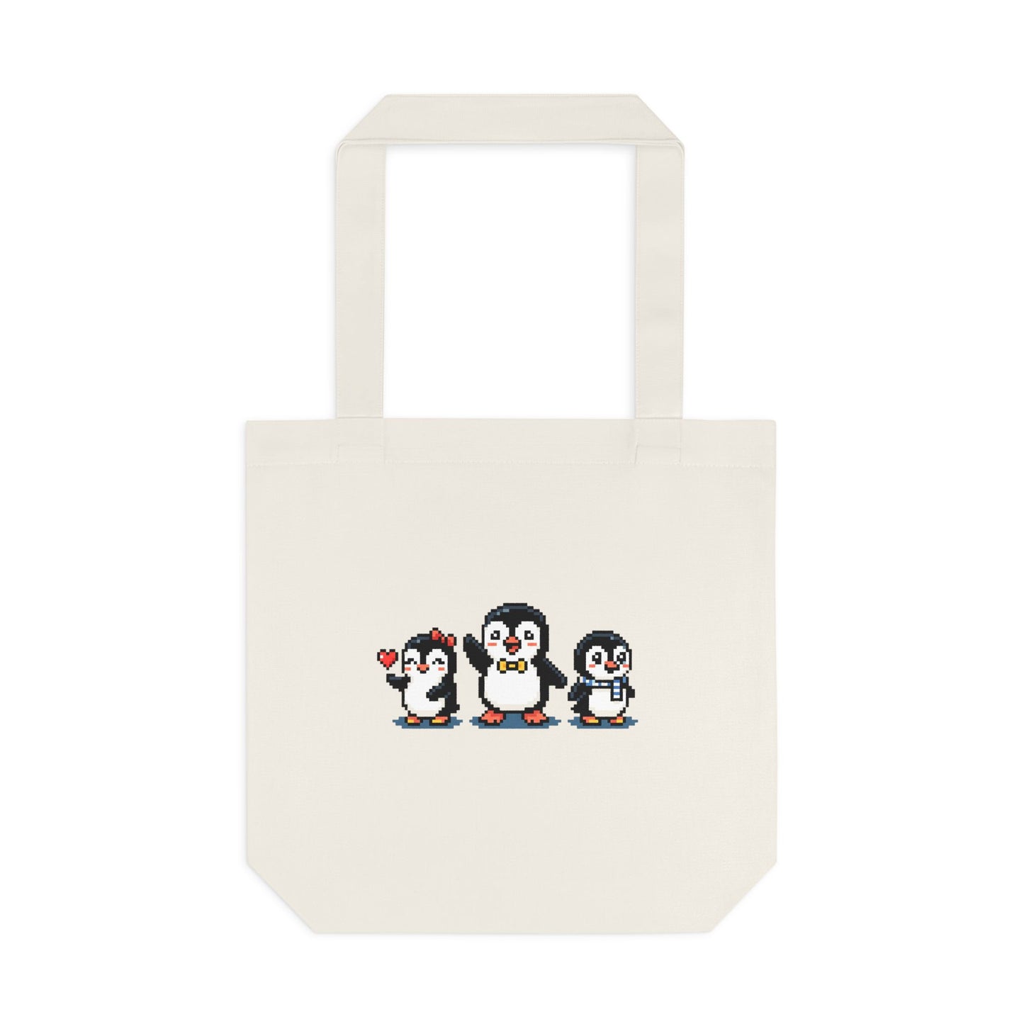 Penguin Trio Cotton Tote Bag — Cute Cross-Stitch Style Animal Market Bag