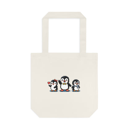 Penguin Trio Cotton Tote Bag — Cute Cross-Stitch Style Animal Market Bag