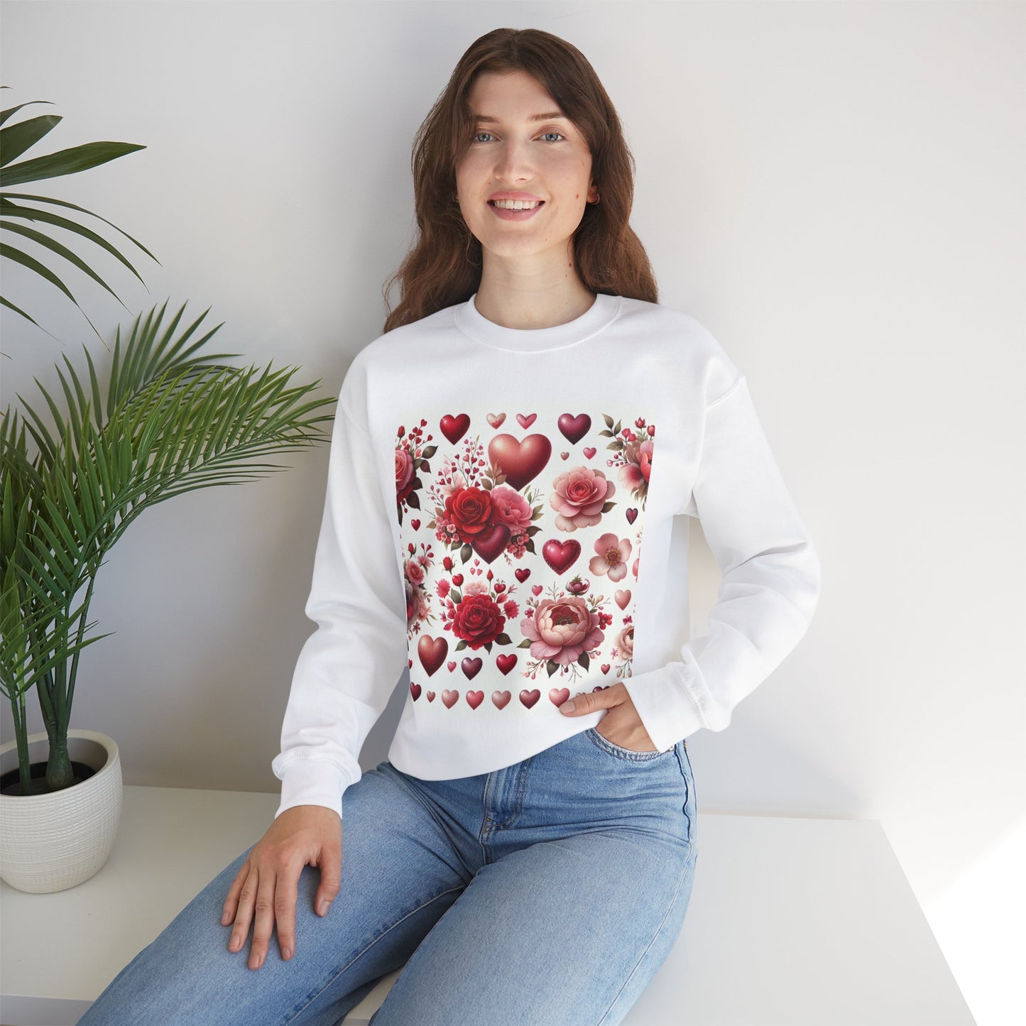 Romantic Floral Sweatshirt with Hearts