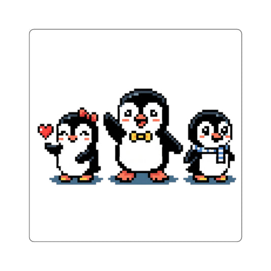 Cute Pixel Penguin Trio Square Sticker — Retro 8‑Bit Penguins for Laptops, Water Bottles & Scrapbooks