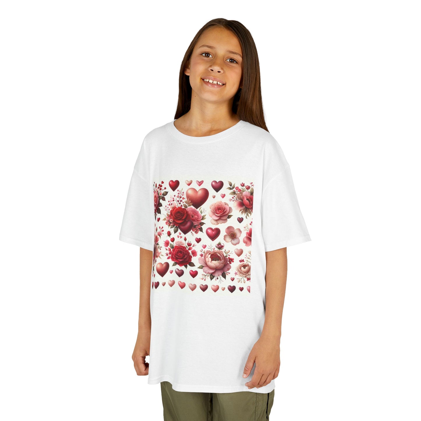 Valentine's Floral Kids Heavy Cotton Tee - Love Hearts Design