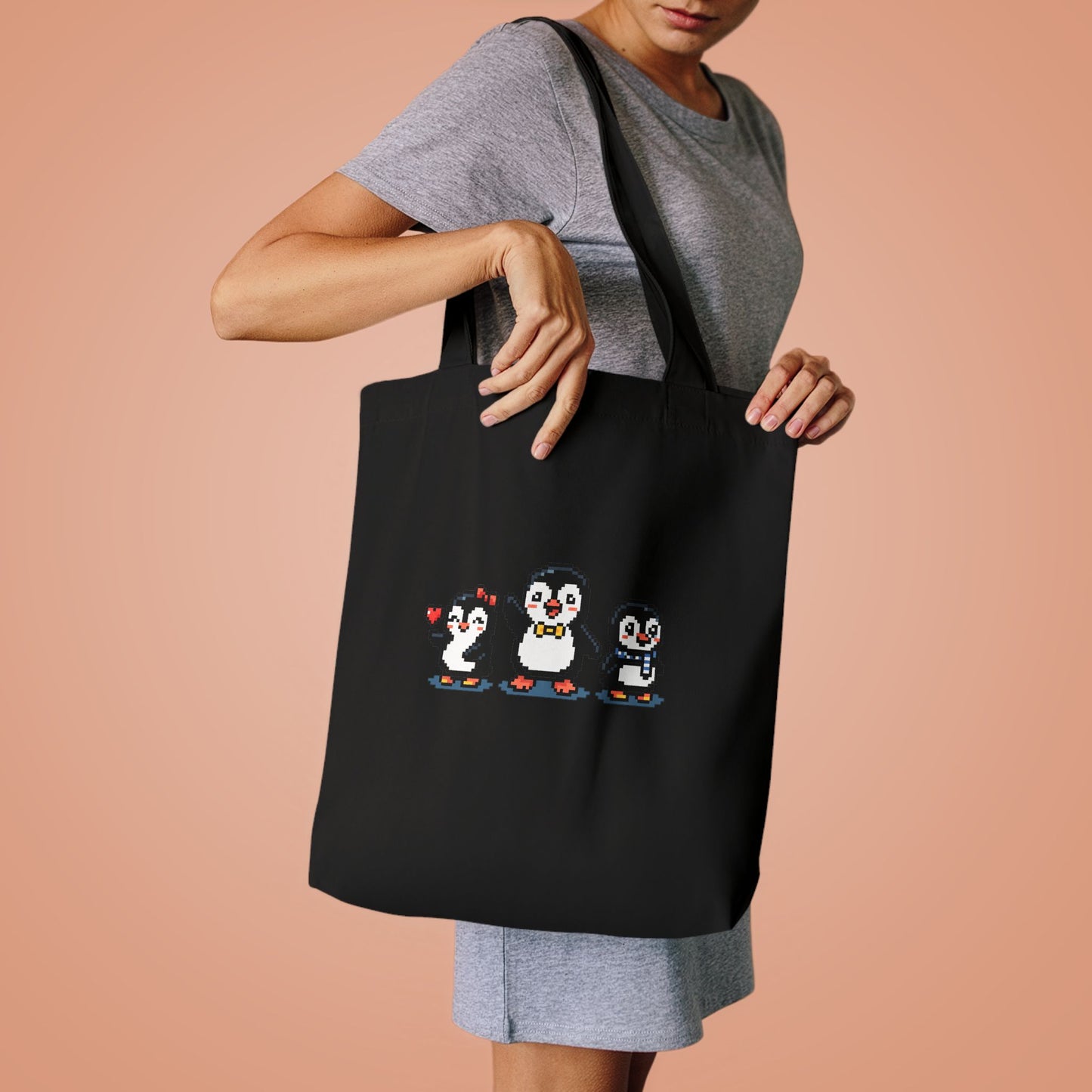 Penguin Trio Cotton Tote Bag — Cute Cross-Stitch Style Animal Market Bag