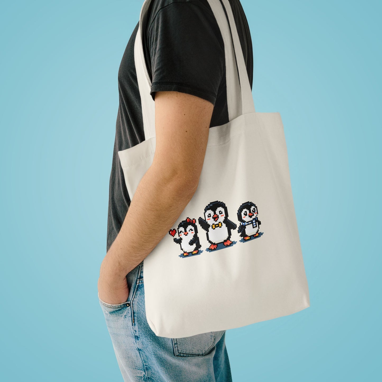 Penguin Trio Cotton Tote Bag — Cute Cross-Stitch Style Animal Market Bag