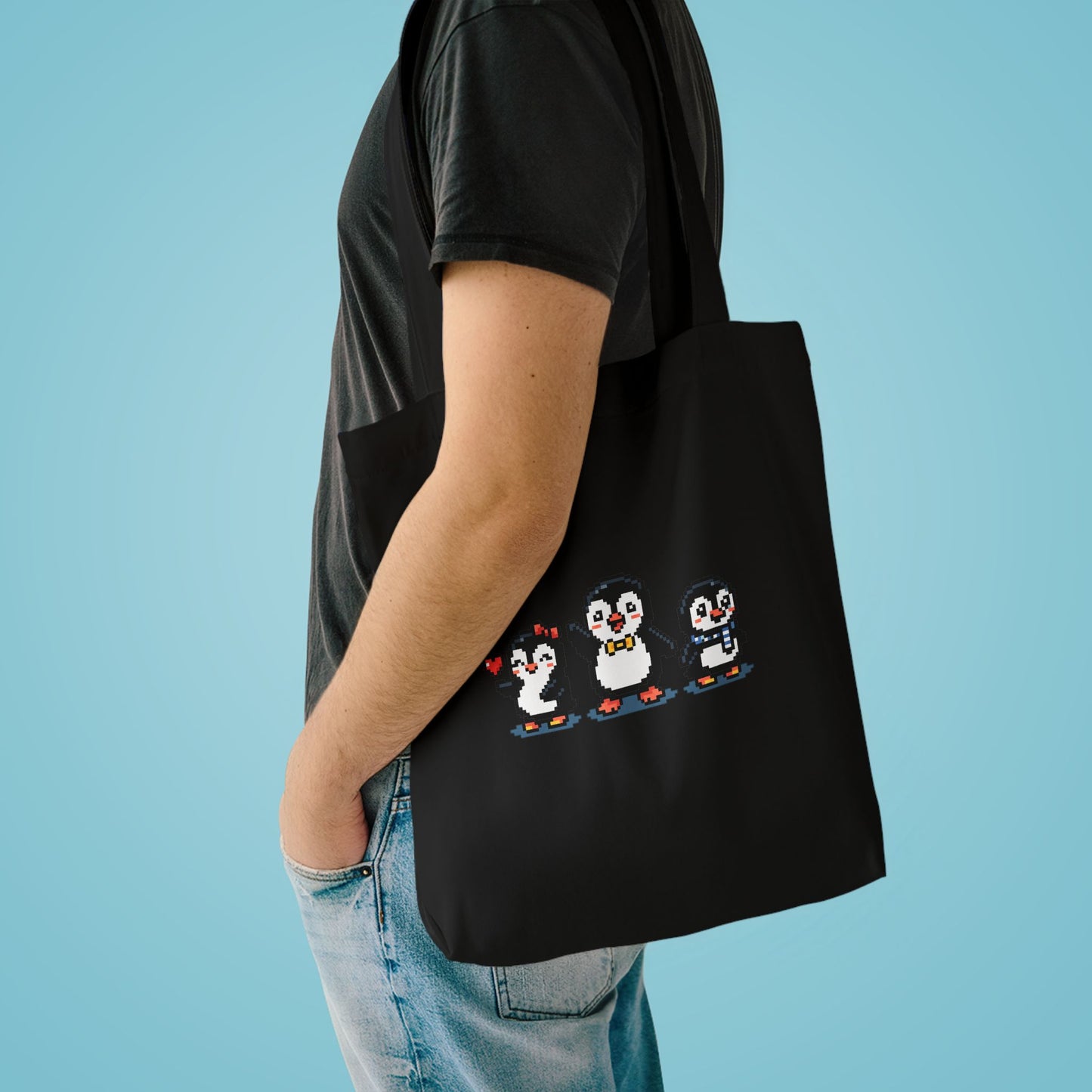 Penguin Trio Cotton Tote Bag — Cute Cross-Stitch Style Animal Market Bag