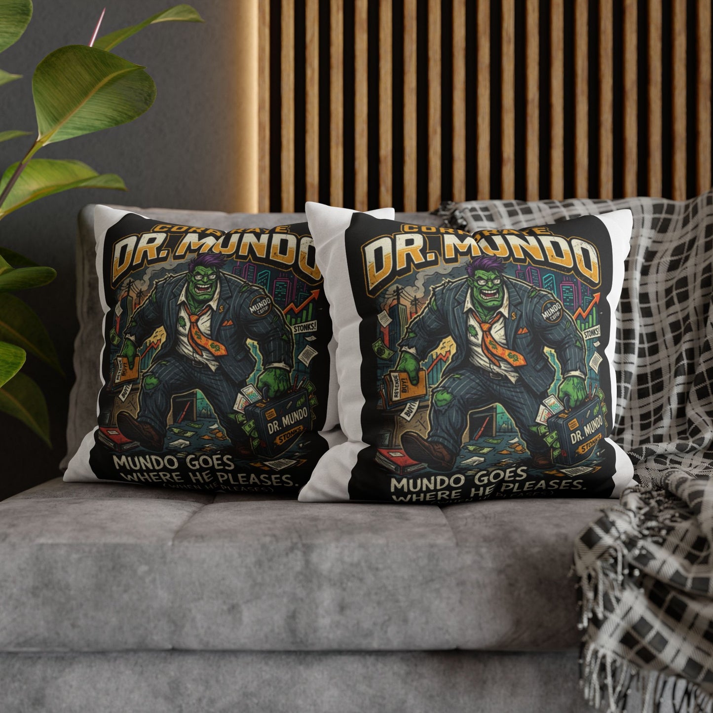 Dr. Mundo Corporate Monster Pillowcase — 'Mundo Goes Where He Pleases' Decorative Throw Pillow