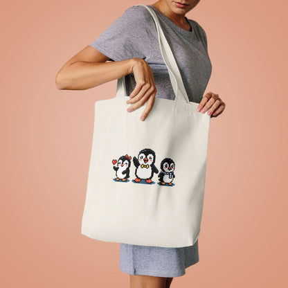 Penguin Trio Cotton Tote Bag — Cute Cross-Stitch Style Animal Market Bag