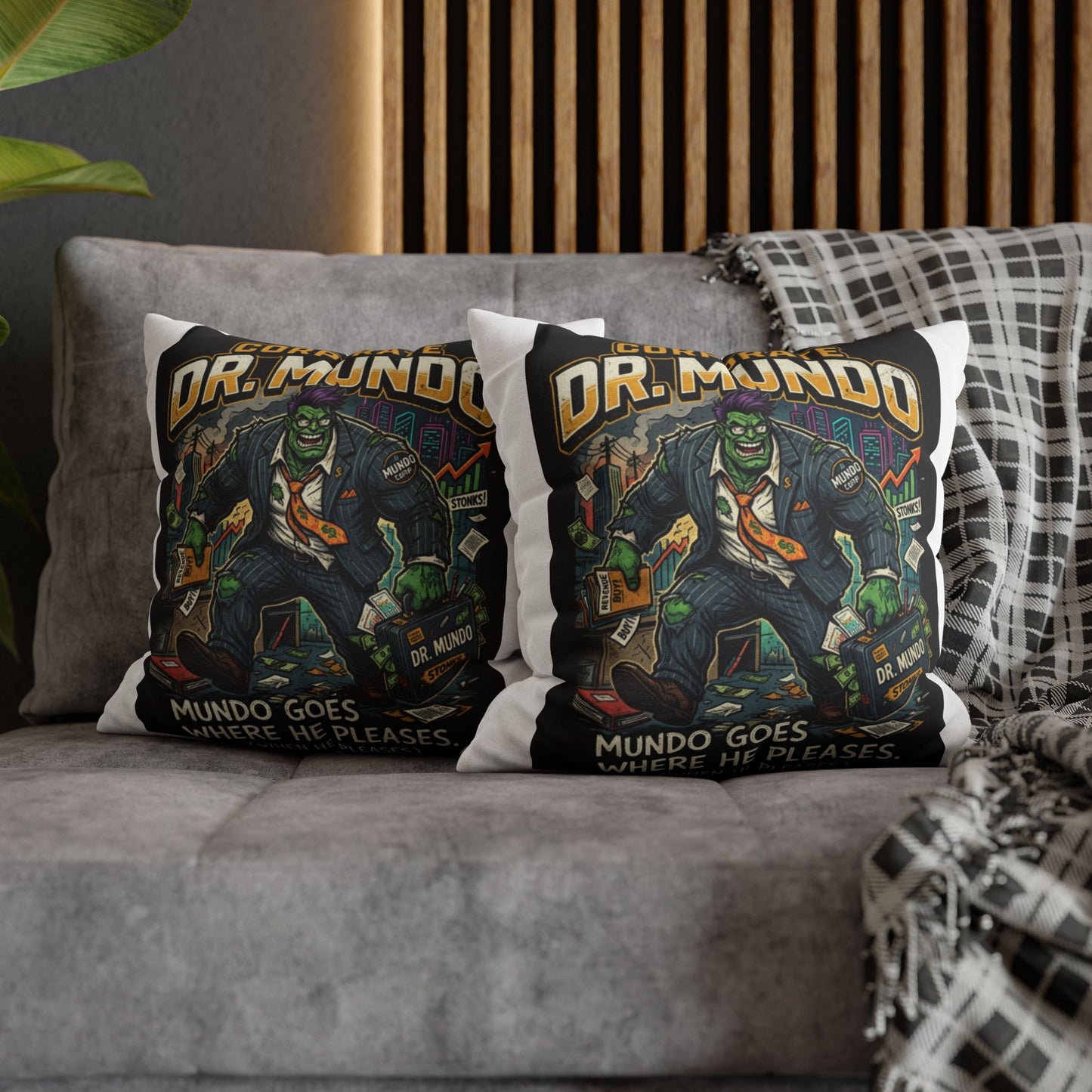 Dr. Mundo Corporate Monster Pillowcase — 'Mundo Goes Where He Pleases' Decorative Throw Pillow