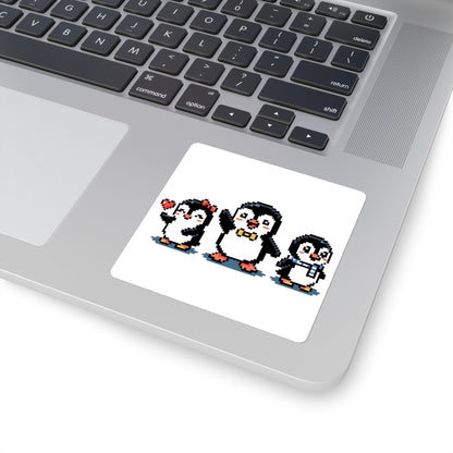 Cute Pixel Penguin Trio Square Sticker — Retro 8‑Bit Penguins for Laptops, Water Bottles & Scrapbooks