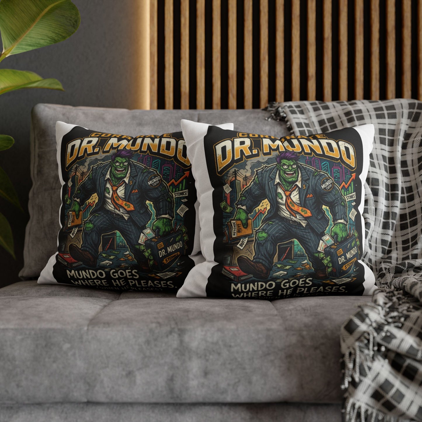 Dr. Mundo Corporate Monster Pillowcase — 'Mundo Goes Where He Pleases' Decorative Throw Pillow